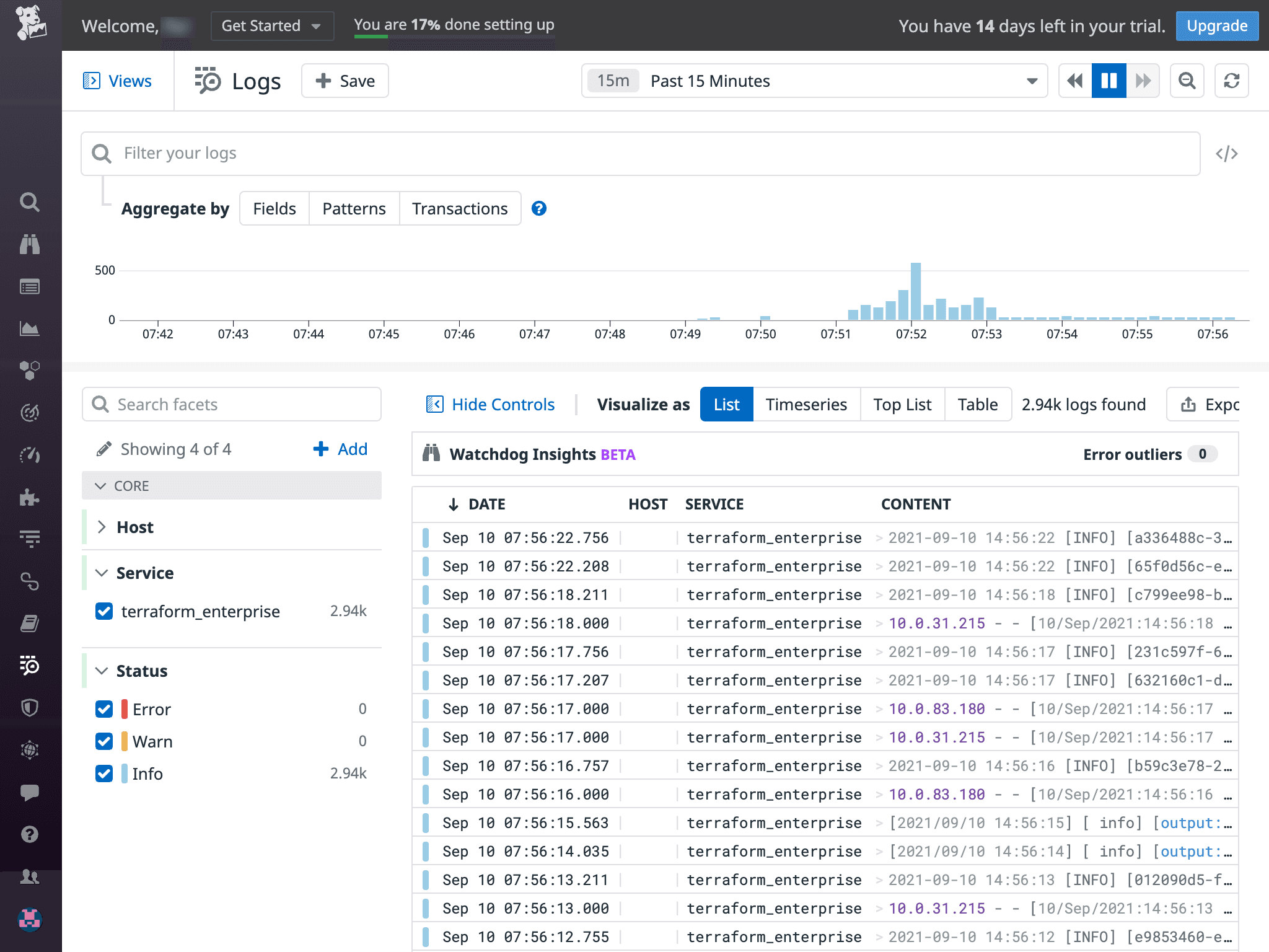 Terraform Enterprise logs in Datadog Log dashboard