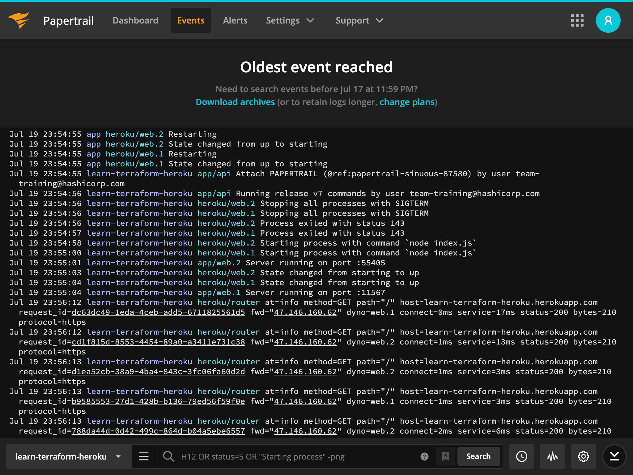 Papertrail logs for sample Heroku application